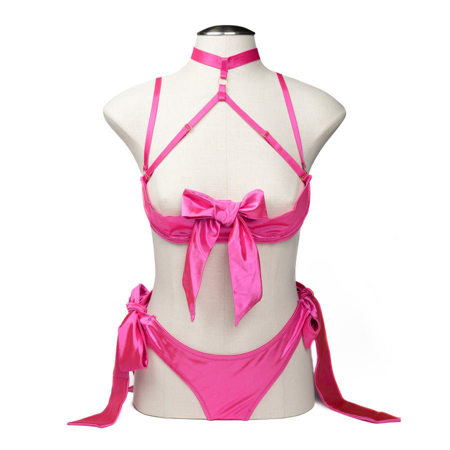 Satin Bow Lingerie Set Pink